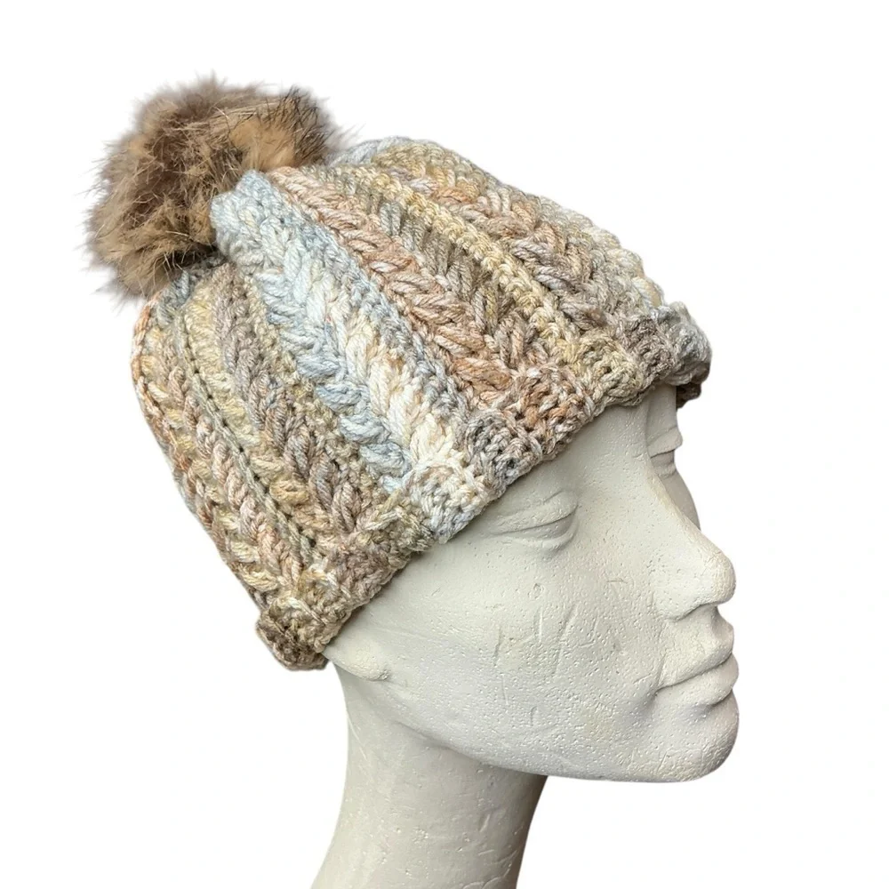 Handcrafted Crochet Multicolor Winter Hat Snowy Wheat Stitch Beanie with Pom Pom